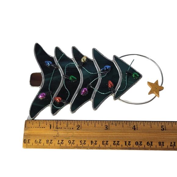 Green Stained Glass Christmas Tree Ornament with Multicolor Lights and Star 5" - Picture 9 of 10